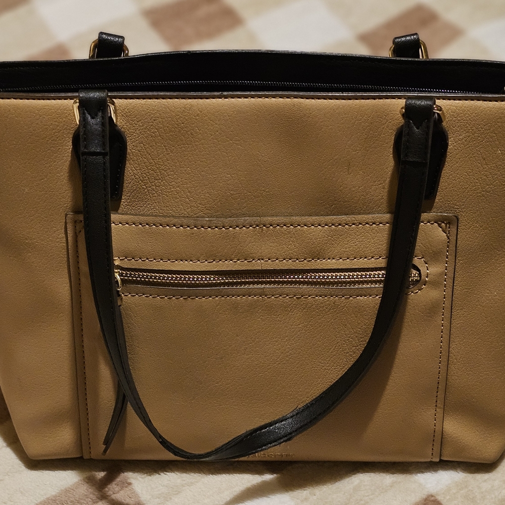 Liz Claiborne Black and Tan Tote Bag with Structured Design and Sturdy Handles